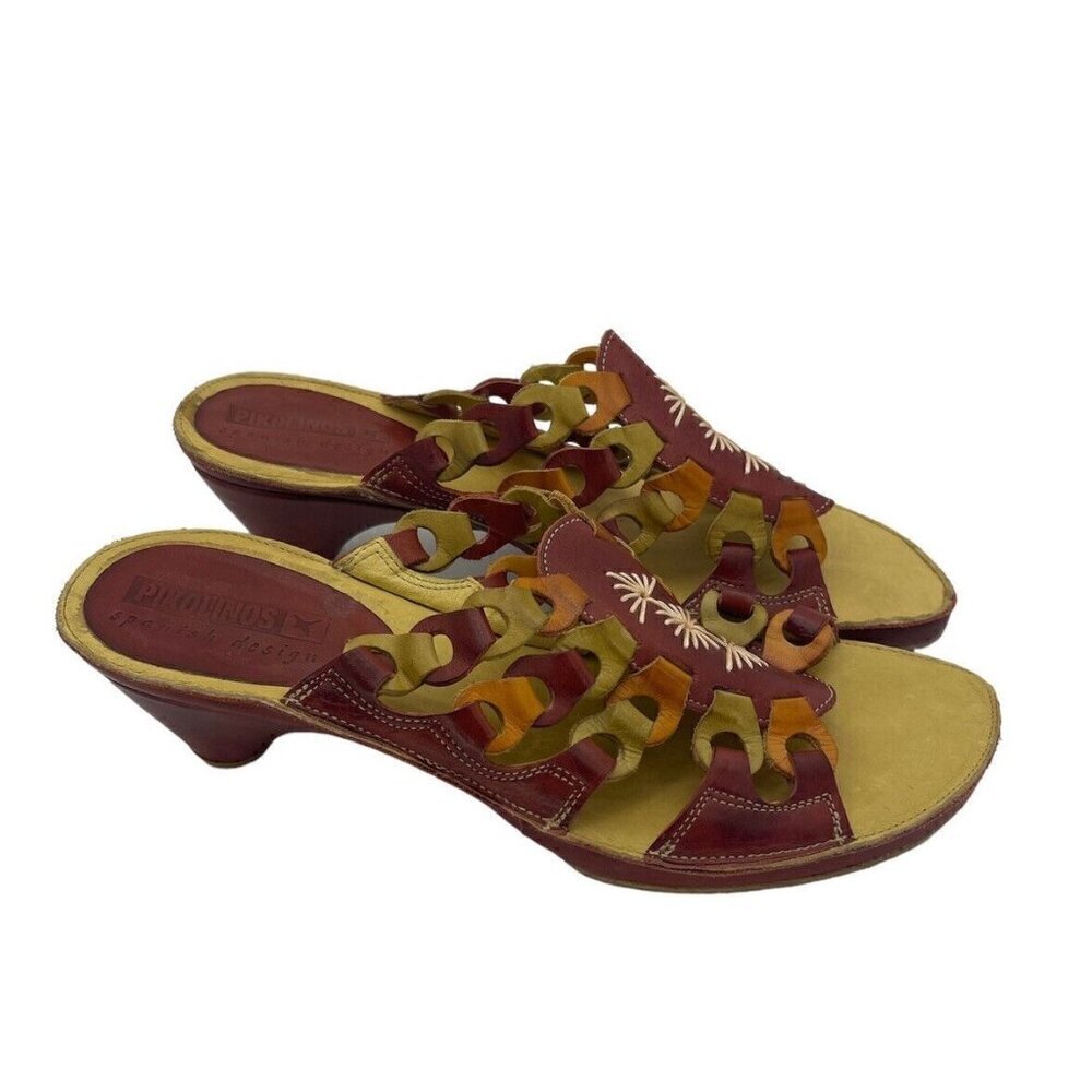 Pikolinos Leather Mule Slide Open Toe Red Cut Out Heel Sandal 38EUR 7.5-8 US